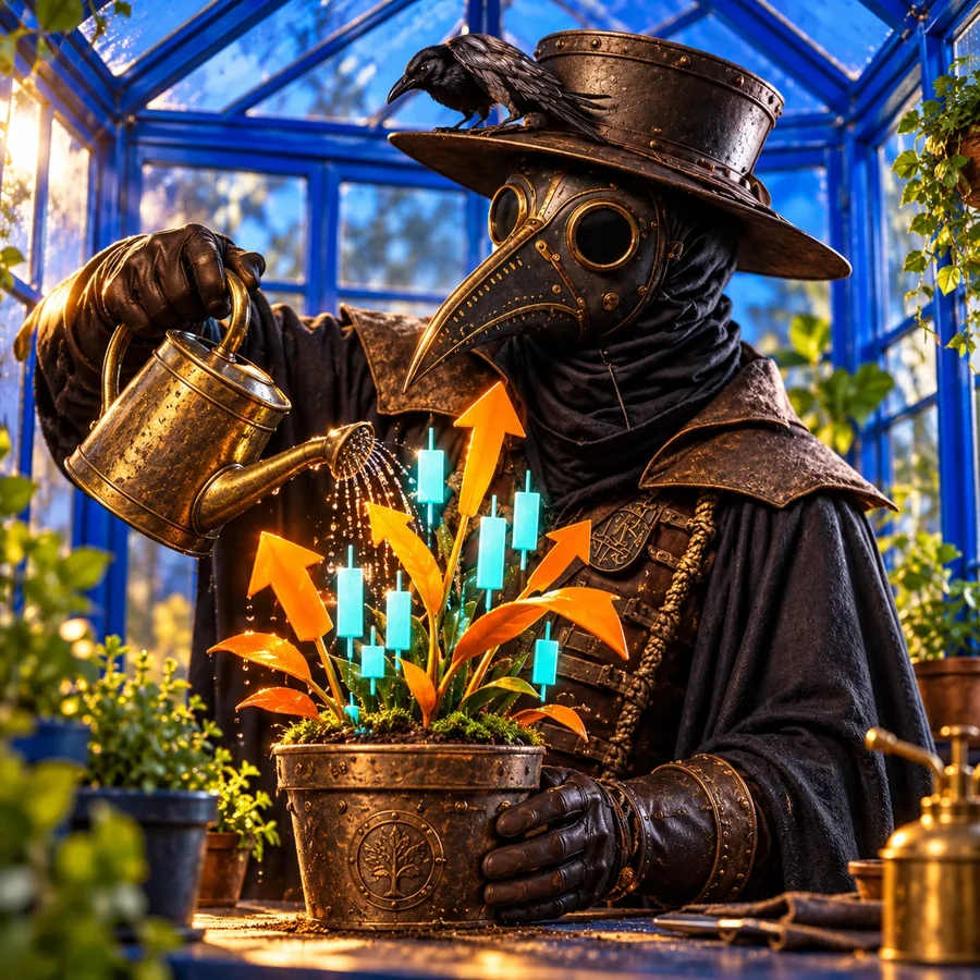 A Plagunk in a blue greenhouse watering a pot of orange arrows and cyan candles