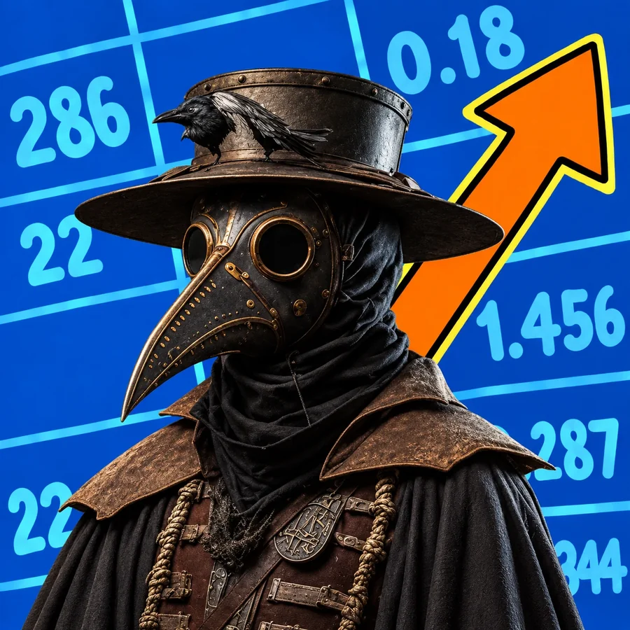 A Plagunk: a plague doctor in a riveted hat and beaked mask with brass goggles, a raven on the brim, in front of a blue price board and an orange arrow pointing up