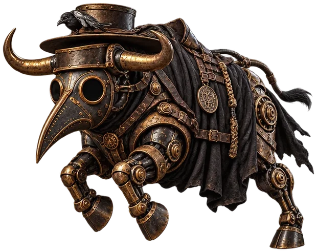 A mechanical brass bull with a plague doctor mask and hat