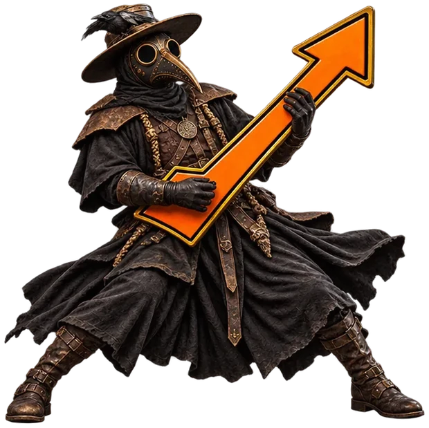 A Plagunk playing an orange up-arrow like an electric guitar